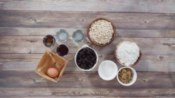 Deitado Passo Passo Ingredientes Para Assar Biscoitos Aveia Mesa — Vídeo de Stock