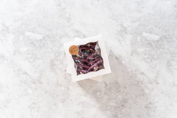 Flat Lay Packaging Homemade Mermaid Pretzel Twists White Paper Box — 스톡 사진