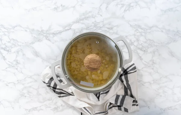 Flat Lay Boiling Elbows Pasta Cooking Pot Prepare Macaroni Cheese — ストック写真