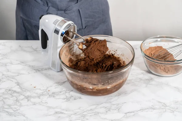 Mixing Ingredients Hand Mixer Bake Chocolate Cookies Chocolate Hearts Valentines — ストック写真