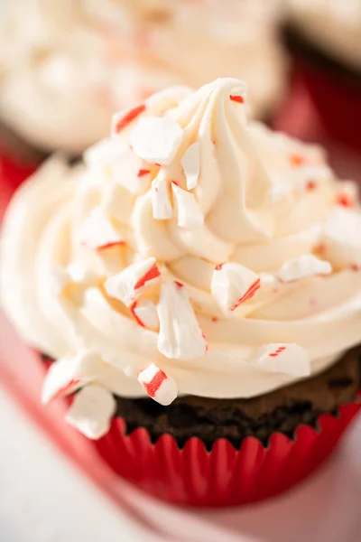 Vers Gebakken Chocolade Cupcakes Met Pepermunt Glazuur Versieren Met Gemalen — Stockfoto