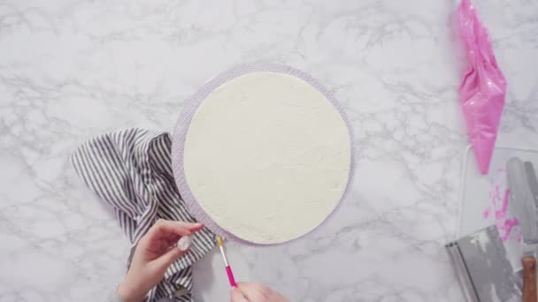 Time Lapse Flat Lay Step Step Decorating Funfetti Cake Pink — Wideo stockowe