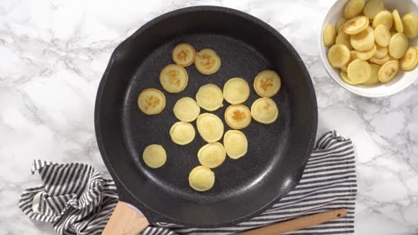 Flat Lay Step Step Frying Mini Pancake Cereal Nonstick Frying — Stock Video