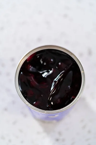 Opened Metal Can Blueberry Pie Filling Counter — Stock Photo, Image