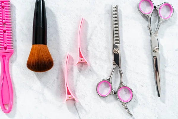 New Barber Set Pink Scissors Gray Background — Stock Photo, Image