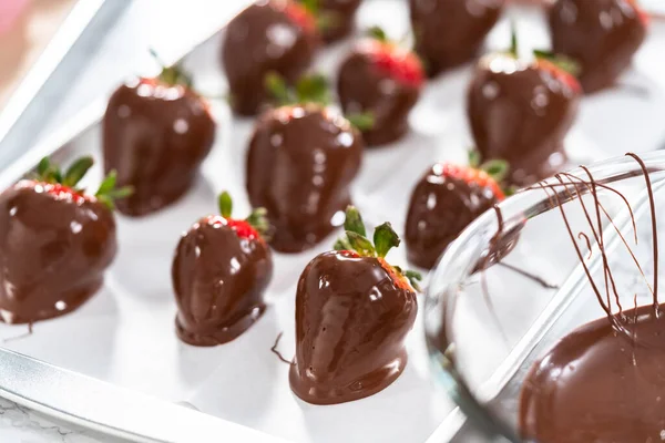 Préparation Fraises Recouvertes Chocolat Sur Plateau Biscuits — Photo