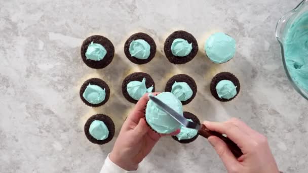 Desfasamento Temporal Deitado Decoração Cupcakes Chocolate Com Cobertura Creme Manteiga — Vídeo de Stock