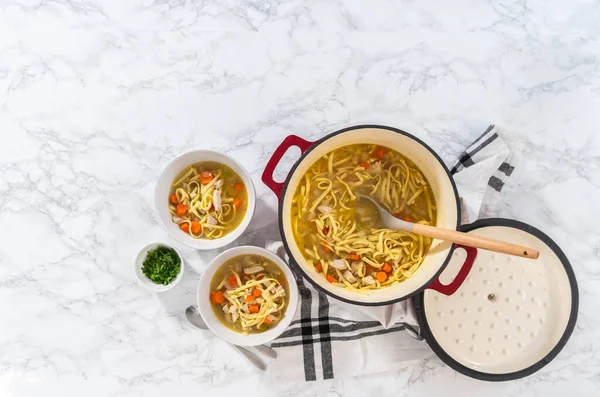 Flat Lay Serving Chicken Noodle Soup Kluski Noodles White Ceramic — Stock Photo, Image