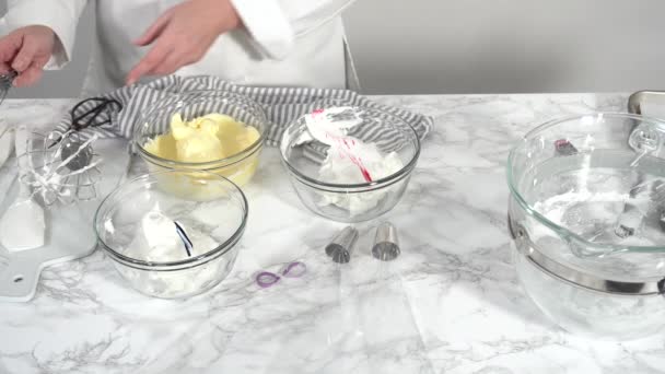 Krok Kroku Mieszanie Żywności Barwiących Bezy Pieczenia Jednorożca Bezy Ciasteczka — Wideo stockowe
