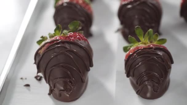 Fresas Ecológicas Sumergidas Chocolate Secado Papel Pergamino — Vídeo de stock