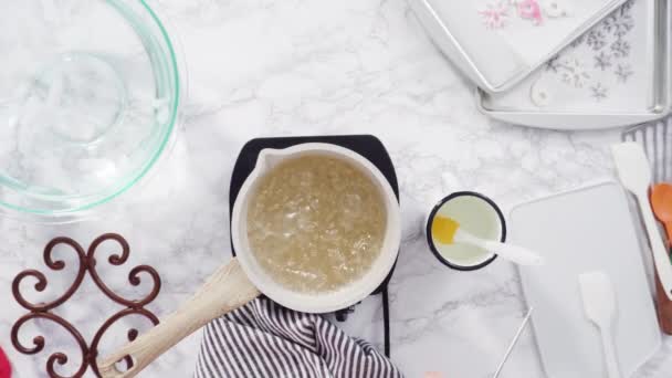 Berbaringlah Langkah Demi Langkah Karamelisasi Gula Dalam Panci Masak Kecil — Stok Video