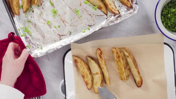 Flat Lay Freshly Baked Potato Wedges Spices White Serving Tray — Stock Video