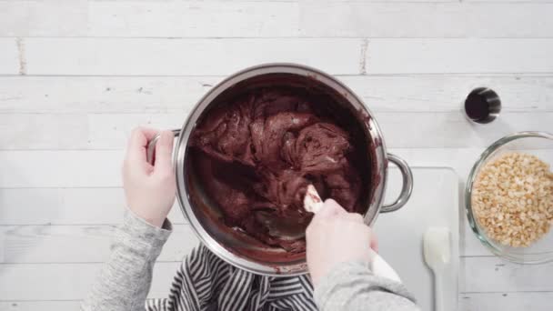 平置きだ 一歩ずつ マカダミアナッツファッジを作るために調理鍋にチョコレートチップを溶かす — ストック動画