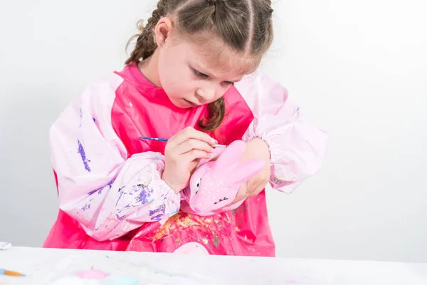 Homeschooling Covid Lockdown Little Girl Painting Paper Mache Easter Bunny — Stock Photo, Image