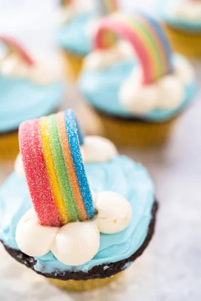 Chocolate Cupcakes Decorated Blue Buttercream Frosting Rainbow Unicorn Theme Birthday — Stock Photo, Image