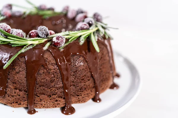 Tarta Chocolate Con Glaseado Chocolate Decorado Con Arándanos Frescos Romero — Foto de Stock