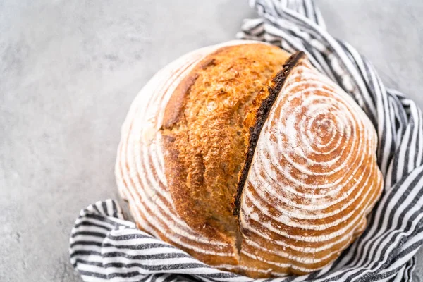 Pan Recién Horneado Masa Fermentada Trigo Con Marcas Cesta Prueba —  Fotos de Stock