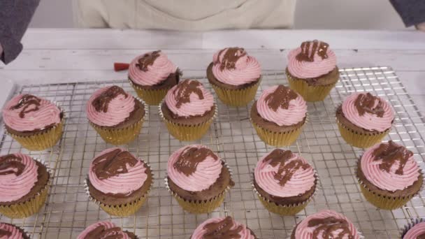 Drizzling Coklat Ganache Atas Kue Mangkuk Coklat Panggang Raspberry — Stok Video