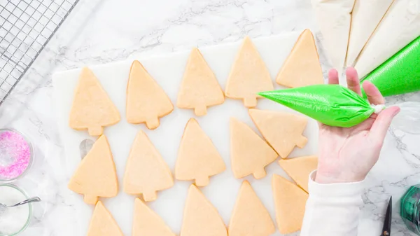 Acostado Stp Paso Galletas Azúcar Forma Árbol Navidad Heladas Con — Foto de Stock