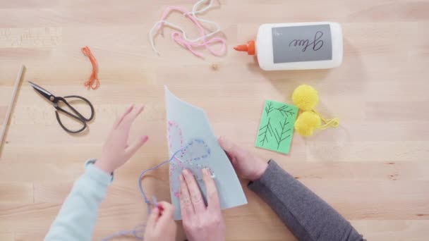 Flat Lay Little Girl Learning How Sew Her Mother Craft — Stok video