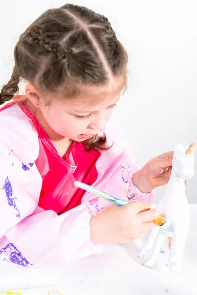 Little Girl Working Her Art Project Distance Learning Home Covid — Stock Photo, Image