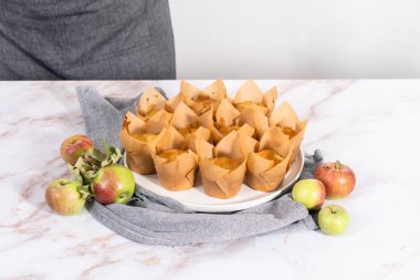 Taze pişmiş elma köpekbalıklı çörekler pudra şekeri tozuyla kaplandı..