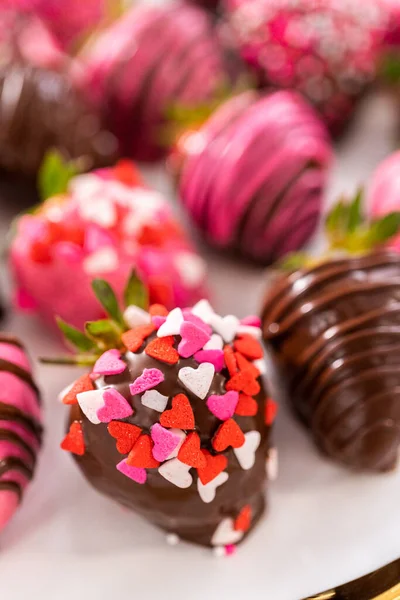 Gourmet Chocolate Covered Strawberries Decorated Chocolate Drizzles Sprinkles White Plate — Stock Photo, Image