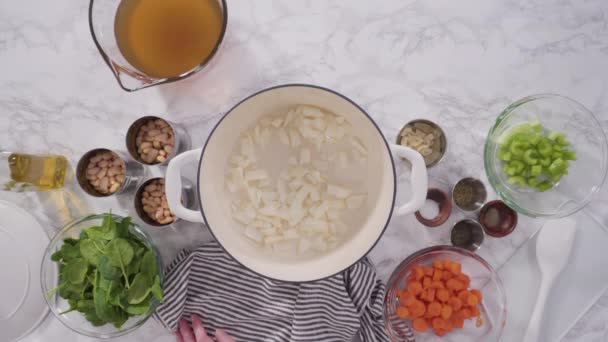 Cocinar Sopa Vegetariana Frijol Blanco Horno Holandés Hierro Fundido — Vídeo de stock