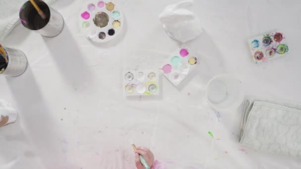 Flat Lay Little Girl Painting Paper Mache Figurine Homeschooling Art — Stock Video