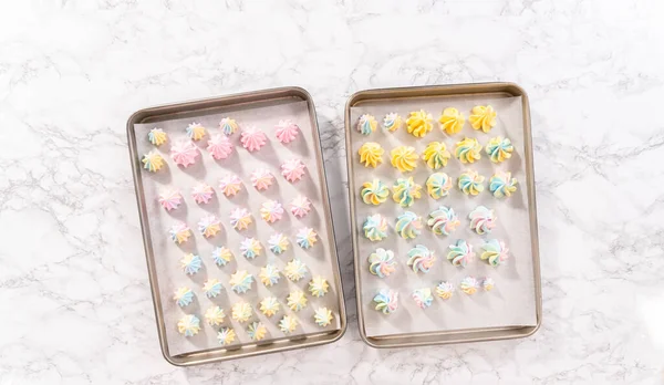 Flat Lay Unbaked Unicorn Meringue Cookies Baking Sheet Parchment Paper — Stock Photo, Image