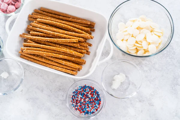 Ingredients Glass Mixing Bowls Prepare Chocolate Dipped Pretzel Rods July — Stock Photo, Image