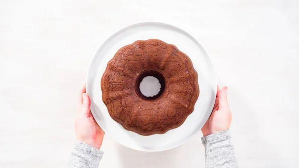 Step Step Flat Lay Freshly Baked Chocolate Bundt Cake White — Zdjęcie stockowe