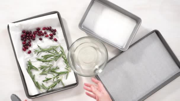 Step Step Flat Lay Covering Fresh Cranberries Rosemary Sugar Decorate — Stock Video