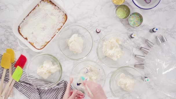 Flat Lay Mixing Food Coloring Italian Buttercream Frosting — Stock Video