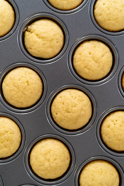 Enfriamiento Recién Horneado Mini Cupcakes Vainilla Mostrador Cocina — Foto de Stock