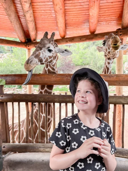 Meisje Bezoek Bij Giraffe Tentoonstelling Cheyenne Mountain Zoo Zomer Schoolvakantie — Stockfoto