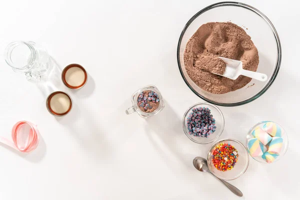 Flat Lay Making Unicorn Hot Chocolate Mix Drinking Mason Jar — Stock Photo, Image