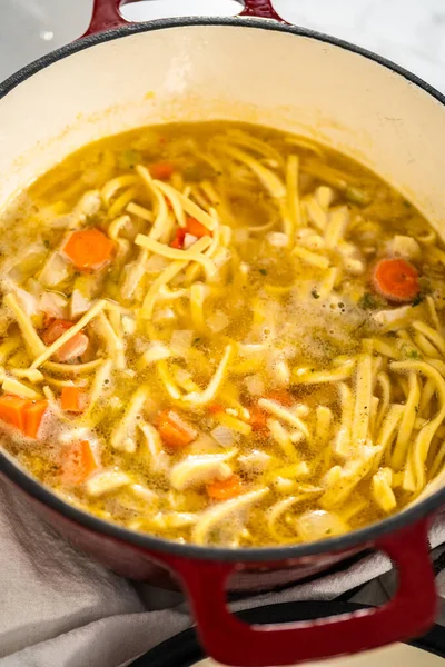 Cozinhar Sopa Macarrão Frango Com Macarrão Kluski Forno Holandês Esmaltado — Fotografia de Stock