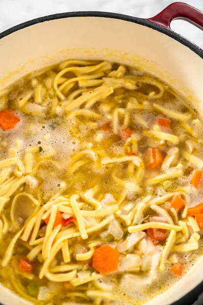 Cocinar Sopa Fideos Pollo Con Fideos Kluski Horno Holandés Esmaltado — Foto de Stock