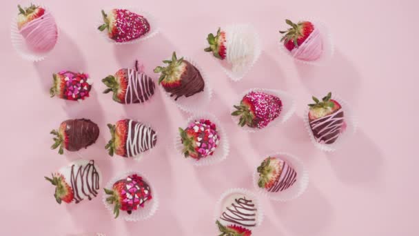 Flach Lag Schritt Für Schritt Verschiedene Schokolade Eingetauchte Erdbeeren Weißen — Stockvideo