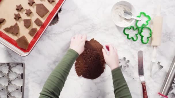 Plat Gelegd Stap Voor Stap Vormen Uitsnijden Met Kerstkoekjes Snijder — Stockvideo