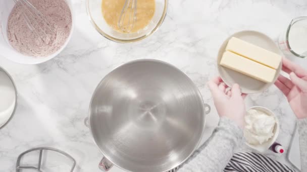 Пласка Лежала Крок Кроком Змішування Інгредієнтів Стоячому Кухонному Мікшері Приготування — стокове відео