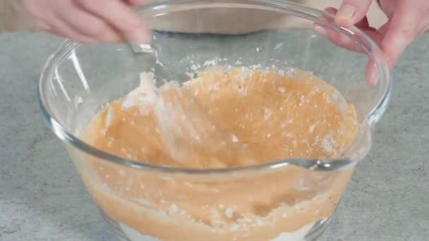 一步一步 在玻璃搅拌碗中混合配料做南瓜煎饼 — 图库视频影像