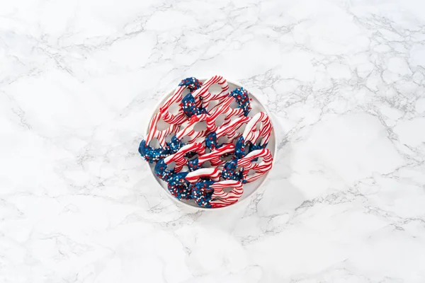Flat Lay American Flag Red White Blue Chocolate Covered Pretzel — Stockfoto