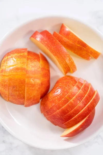 Виміряні Інгредієнти Скляній Мисці Приготування Бутерброду Проволоном Яблучним Сиром — стокове фото