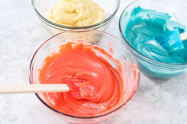 Mixing Red Blue Food Coloring Cake Dough — Stock Photo, Image