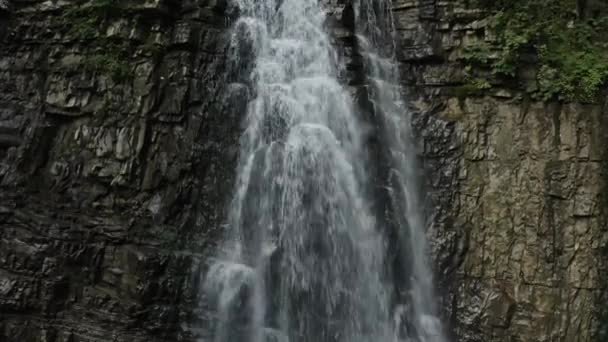 Waterfall on the mountain river Carpathians. Waterfall, fast mountain water. Aerial — Stock Video