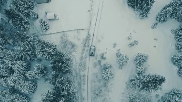 Rüzgarlı bir yol köyünün, dağların ortasından geçen kış görüntüsü. — Stok video