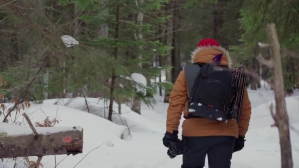 Turismo de Inverno. Caminhadas na floresta de inverno. — Vídeo de Stock