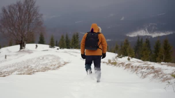 Mannelijke toerist met een rugzak wandelen in diepe sneeuw — Stockvideo